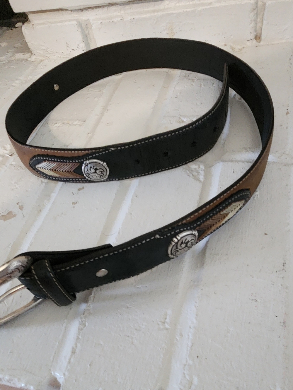 Nooona Men's Black and Brown Leather Belt with Decorative Conchos , Size 36